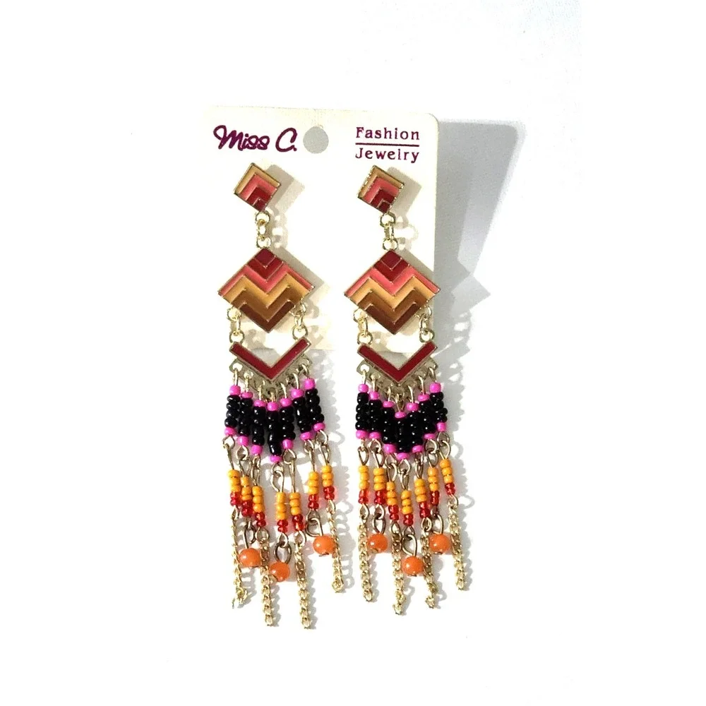 Miss C Native American Dangle‎ Earrings Oval Shape Beaded Surgical Steel